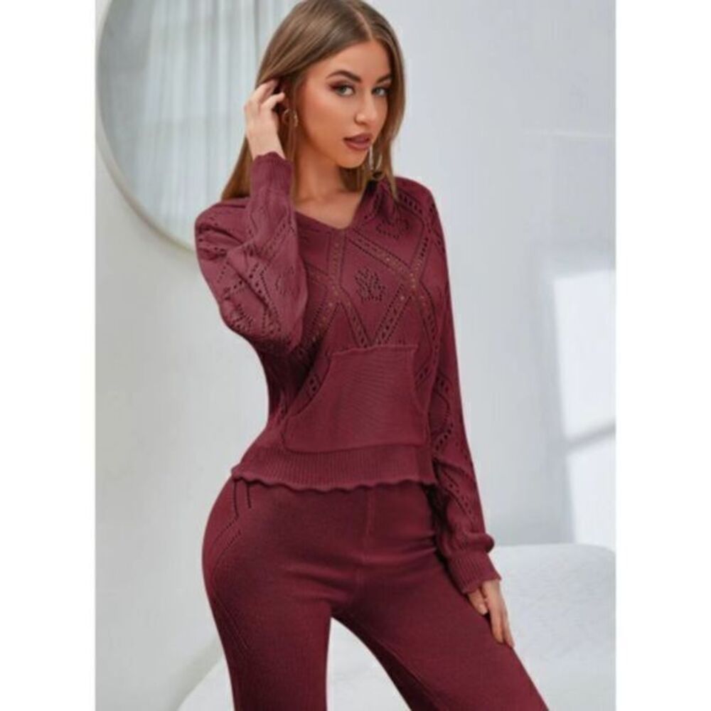 Burgundy Solid Pointelle Knitted Hooded Sweater And Knit Pants US 4